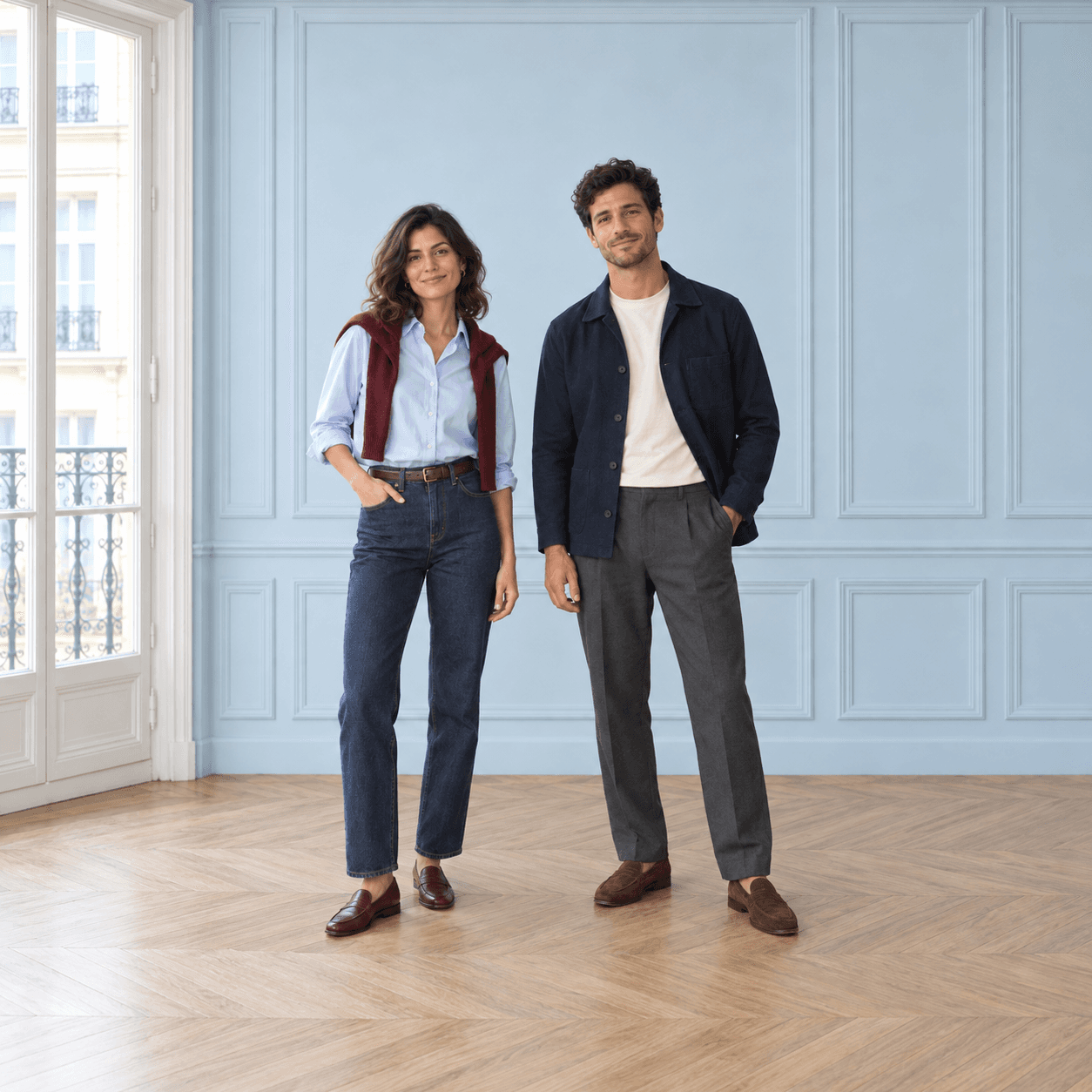 Avec Margot : la même femme et le même homme, souriants dans des tenues coordonnées, chemise bleue et maille bordeaux, veste marine et pantalon gris
