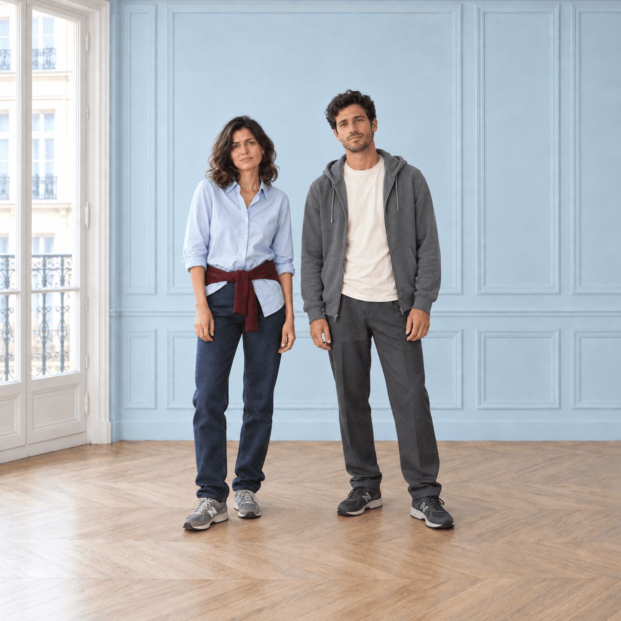 Avant : une femme et un homme dans des tenues peu coordonnées, avec une attitude hésitante